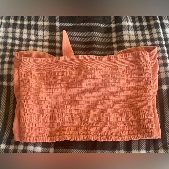 Aritzia Wilfred Women’s Medium Tube Top Peach Strapless Crop Ruched Tie Front - Picture 3 of 6